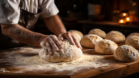Dough is worked by a man baker's hands.の素材