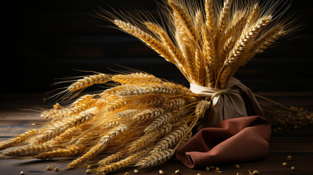 Harvest background for food photography: a stack of rye ears on a wooden table.の素材