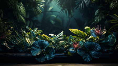 Neon lights in green and blue with tropical foliage.の素材