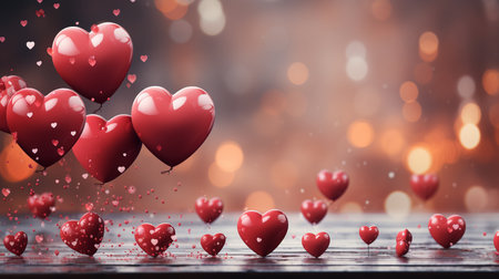 Red heart balloons on a bokeh-lit background.の素材