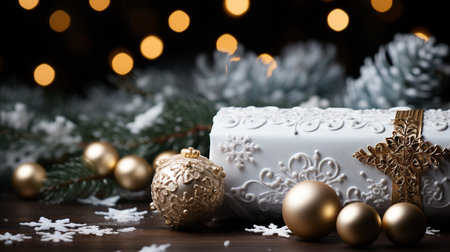 Christmas art backdrop with a paper scroll coated in snowの素材