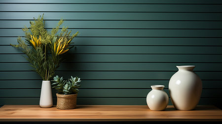 Poster frame mockup with kitchen interior and accessories on a background of dark green wooden slats.の素材