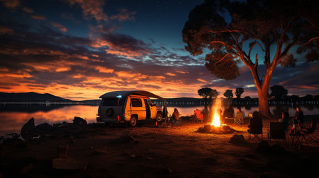 Panorama of a camper vehicle and a family relaxing around a fire in the Milky Way.の素材