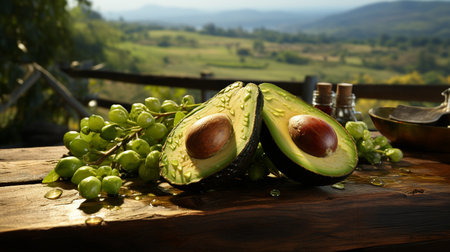 harvested ripe avocados a wooden table that is empty with a countryside backdrop. emphasis on the tabletop only.の素材