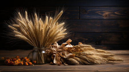 Harvest background for food photography: a stack of rye ears on a wooden table.の素材