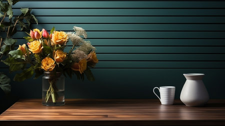 Poster frame mockup with kitchen interior and accessories on a background of dark green wooden slats.の素材