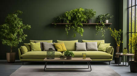 Stylish interior of living room with sofa and coffee table. Background made of plants and leaves. luscious green hue plant wall.の素材
