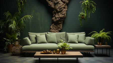 Stylish interior of living room with sofa and coffee table. Background made of plants and leaves. luscious green hue plant wall.の素材
