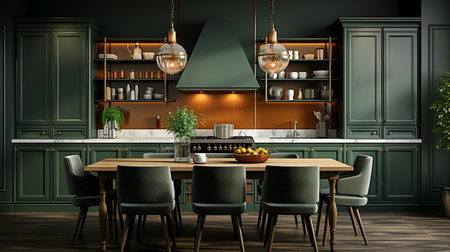a new, authentically retro kitchen with dark green furnishings.の素材