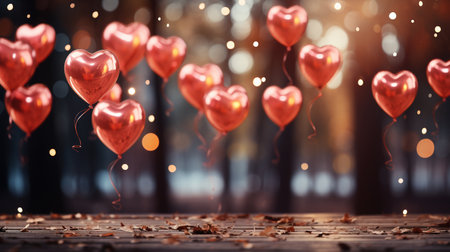 Red heart balloons on a bokeh-lit background.の素材