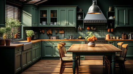 a new, authentically retro kitchen with dark green furnishings.の素材