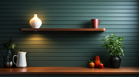 Poster frame mockup with kitchen interior and accessories on a background of dark green wooden slats.の素材