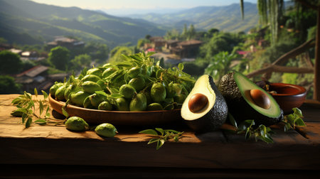 harvested ripe avocados a wooden table that is empty with a countryside backdrop. emphasis on the tabletop only.の素材