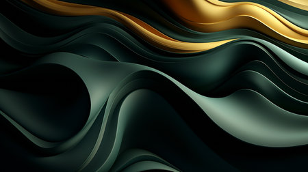 wave-like horizontal banner. Illustration of a contemporary wave background in shades of very dark green, dark green, and dark green.の素材