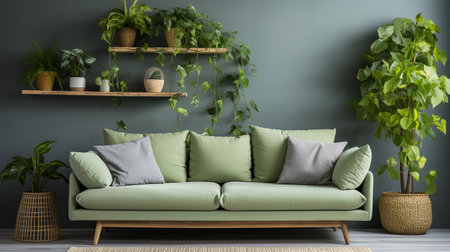 Stylish interior of living room with sofa and coffee table. Background made of plants and leaves. luscious green hue plant wall.の素材