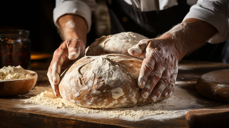 Dough is worked by a man baker's hands.の素材