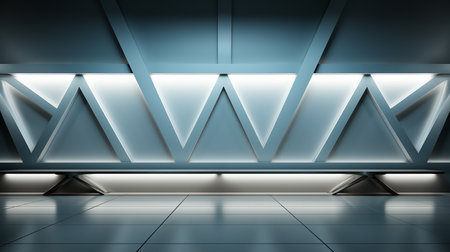 Interior backdrop with bright and dark voids. White 3D empty wall with geometric texture, smooth light floor, and lovely lighting.の素材