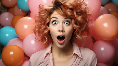 Wow shocked delighted astounded lady in portrait with huge round eyes and open mouth against a background of colourful helium balloons.の素材