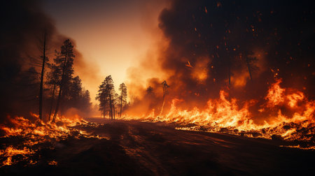 intense flames caused by a significant forest fire. As they roar over sagebrush and pine trees, flames illuminate the night.の素材