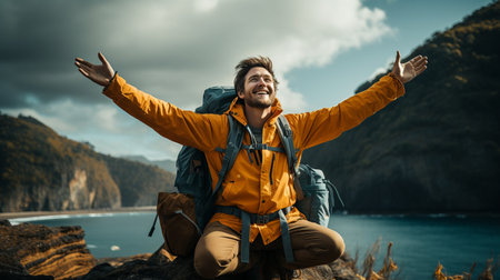 Happy traveler lifting arms in the air, enjoying their freedom.の素材