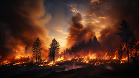 intense flames caused by a significant forest fire. As they roar over sagebrush and pine trees, flames illuminate the night.の素材