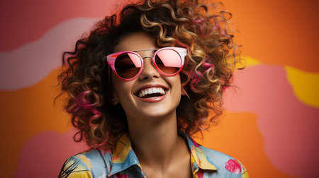 Close-up of a young woman grinning while wearing chic sunglasses against a vibrant backdrop.の素材