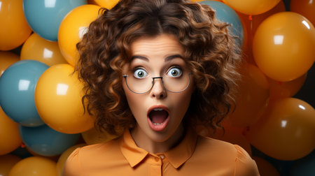 Wow shocked delighted astounded lady in portrait with huge round eyes and open mouth against a background of colourful helium balloons.の素材
