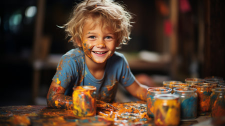 Young guy smiling candidly while painting, with paint on his hands and face. youthful, artistic handsの素材