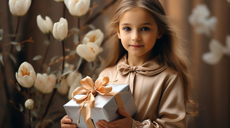 A lovely present box with a ribbon and white flowers is held in the child's hands and given to the mother's hands. hands up close. recorded are attractive, natural moments.の素材