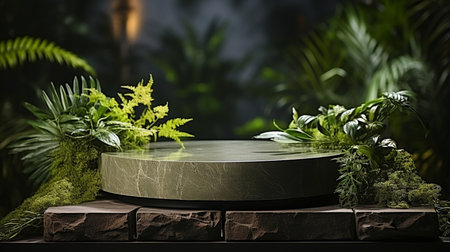 a barren circular stone pedestal with copy space for product display in a lush, tropical landscape.の素材
