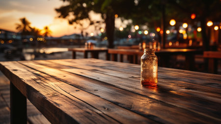 Wooden table top with blurry beach cafÃ©s in the backdrop at dusk - suitable for montaging or displaying your goods.の素材