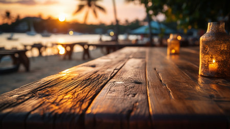 Wooden table top with blurry beach cafÃ©s in the backdrop at dusk - suitable for montaging or displaying your goods.の素材