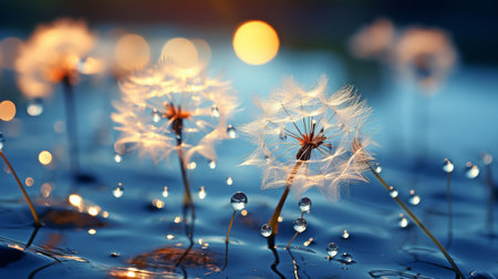 A macro of lovely dew drops on dandelion seeds. Lovely blue backdrop. A parachute dandelion has large golden dew drips on it. Soft, gentle, and dreamy creative form.の素材