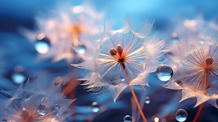 A macro of lovely dew drops on dandelion seeds. Lovely blue backdrop. A parachute dandelion has large golden dew drips on it. Soft, gentle, and dreamy creative form.の素材