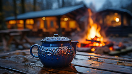 A hot, steaming coffee cup with blue enamel sits on an old wood next to a bonfire outside. very shallow depth of field with cup in focus.の素材