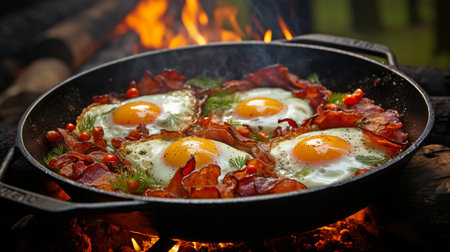 In a cast iron pan, bacon and eggs for breakfast while camping. In the woods, a skillet of fried eggs and bacon. aliments in the camp. bacon and eggs scrambled, on fire. Picnic.の素材