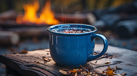 A hot, steaming coffee cup with blue enamel sits on an old wood next to a bonfire outside. very shallow depth of field with cup in focus.の素材