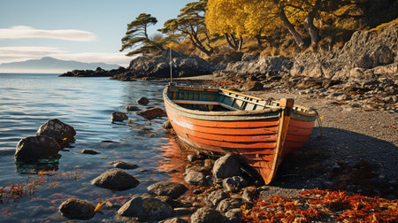 Boat on the rugged coastline.の素材