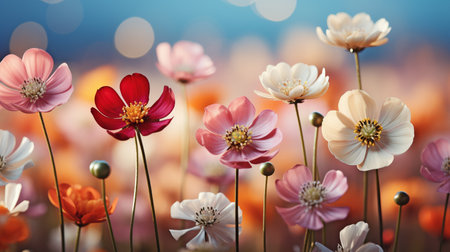 Bright summer flower meadow with sunbeams and bokeh lights - nature background banner with copy space - spring and summer greeting card idea.の素材