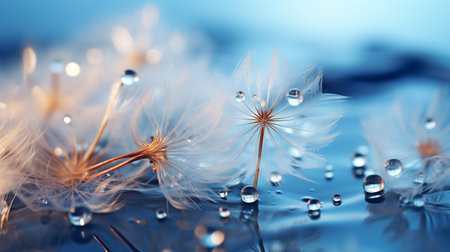 A macro of lovely dew drops on dandelion seeds. Lovely blue backdrop. A parachute dandelion has large golden dew drips on it. Soft, gentle, and dreamy creative form.の素材