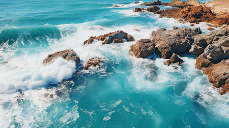 Oceanic blue waves smashing on the coast in an aerial view of the sea and rocks.の素材