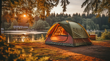 a tent for camping in a riverside woodland.の素材