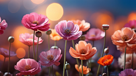 Bright summer flower meadow with sunbeams and bokeh lights - nature background banner with copy space - spring and summer greeting card idea.の素材