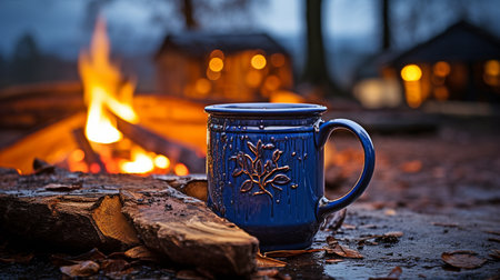 A hot, steaming coffee cup with blue enamel sits on an old wood next to a bonfire outside. very shallow depth of field with cup in focus.の素材