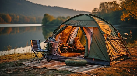 a tent for camping in a riverside woodland.の素材