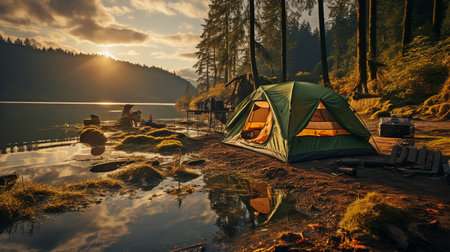 a tent for camping in a riverside woodland.の素材