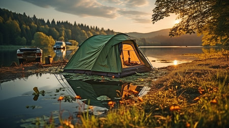 a tent for camping in a riverside woodland.の素材