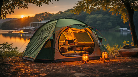 a tent for camping in a riverside woodland.の素材