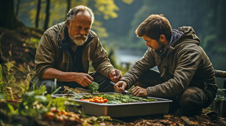 Seniors camping and preparing fish by a wooded brook.の素材