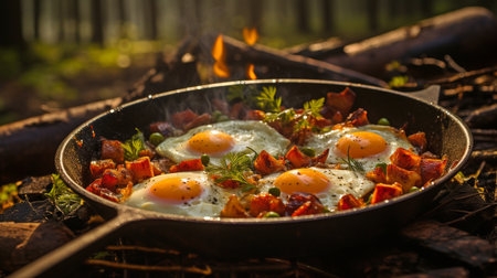 In a cast iron pan, bacon and eggs for breakfast while camping. In the woods, a skillet of fried eggs and bacon. aliments in the camp. bacon and eggs scrambled, on fire. Picnic.の素材